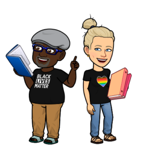 A Bitmoji of a Black man wearing a "Black Lives Matter" t-shirt holding a book and a white woman wearing a t-shirt with a rainbow heart holding a pink folder.