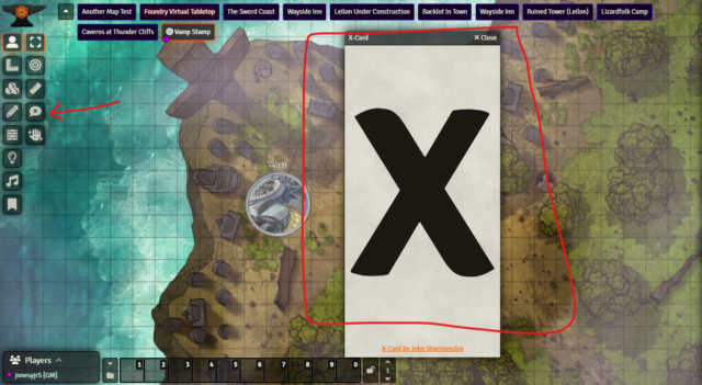 A screenshot showing the X-Card module in use during gameplay on Foundry. A red arrow points to the player-clickable icon and a red square encircles the displayed X-Card.